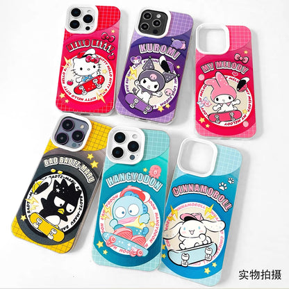 Japanese Cartoon Sanrio Skateboard Day Laser Case | Hello Kitty My Melody Kuromi Cinnamoroll Hangyodon Bad Badtz Maru 6 Styles - iPhone Case 11 12 13 14 15 16 16e 17 17e Pro Promax