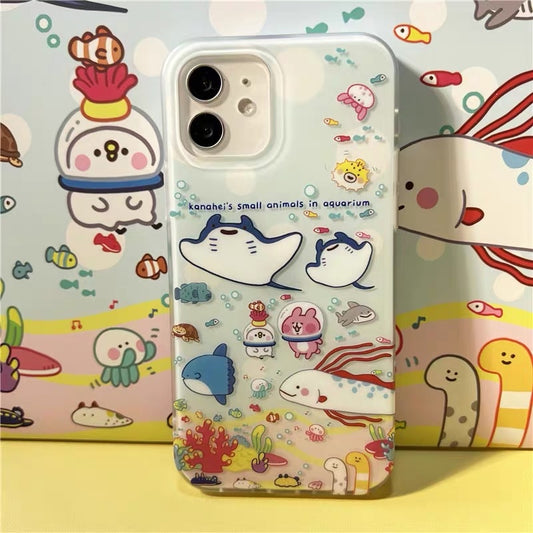 Japanese Cartoon Kanahei | Ocean with Fishes Cute Pink Rabbit and White Chicken - iPhone Case iPhone 13 14 15 Pro Promax