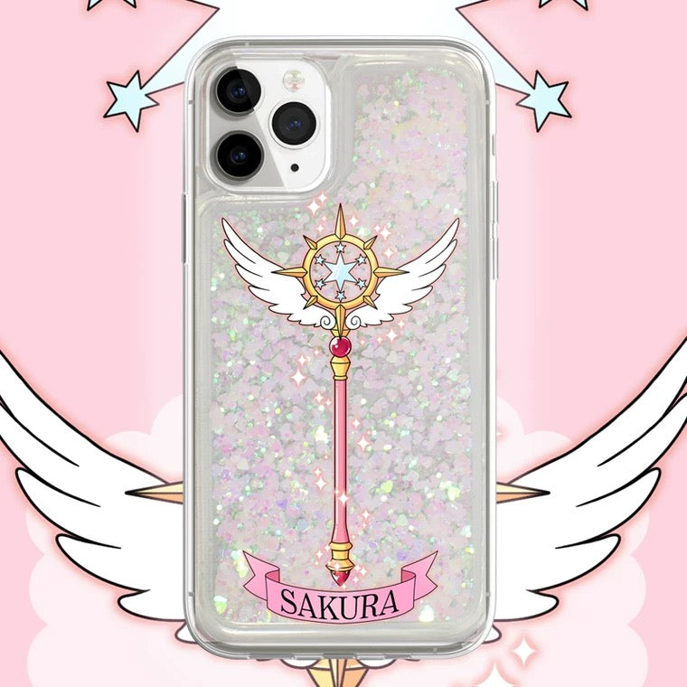 Japanese Cartoon CardCaptorSakura Magic Wand with Wings - Silver Pink Heart Glitter QuickSand iPhone Case 6 7 8 PLUS SE2 XS XR X 11 12 13 14 15 Pro Promax 12mini 13mini