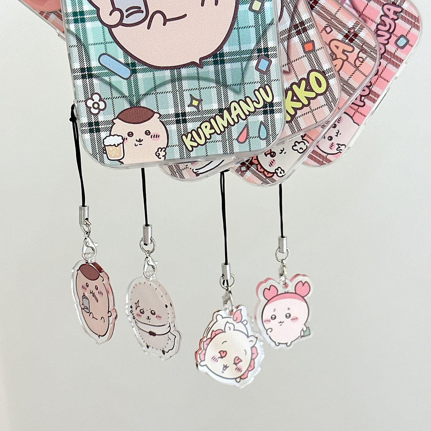 Japanese Cartoon ChiiKawa Laser Phone Case with Strap | Retro Plaid Rakko Kurimanju Shisa Furuhonya - iPhone Case PLUS SE2 11 12 13 14 15 16 16e 17 17e Pro Promax 12mini 13mini