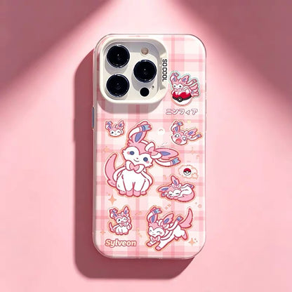Japanese Cartoon Pokemon Matt & Silver Case Eevee Evolution Cute Emo Version | Eevee Vaporeon Jolteon Espeon Umbreon Leafeon Glaceon Sylveon 8 Styles - Phone Case Samsung Galaxy S26 S25 S24 S23 S22 S21 FE Ultra Edge