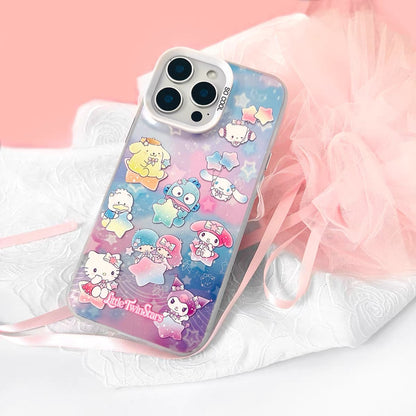 Japanese Cartoon Sanrio Pastel Starry Party Laser Case | Hello Kitty Lttle Twin Stars My Melody Kuromi Cinnamoroll Pompompurin Hangyodon AhirunoPekkle Cogimyun - iPhone Case 11 12 13 14 15 16 16e 17 17e 18 Pro Promax