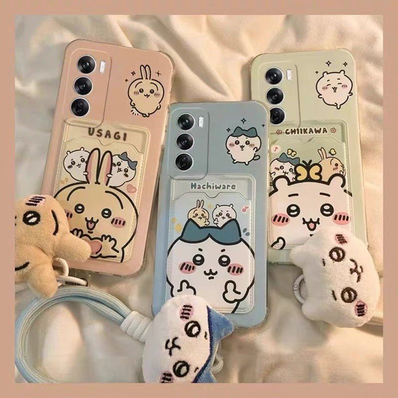 Japanese Cartoon Chiikawa | ChiiKawa Hachiware Usagi Happy Good with Card Holder & Handle Strap - Phone Case Samsung Galaxy S25 S24 S23 S22 S21 FE Ultra Edge