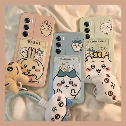 Japanese Cartoon Chiikawa | ChiiKawa Hachiware Usagi Happy Good with Card Holder & Handle Strap - Phone Case Samsung Galaxy S25 S24 S23 S22 S21 FE Ultra Edge