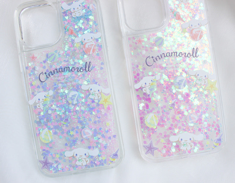 Japanese Cartoon Cinnamoroll Shells - Silver Pink Heart Glitter QuickSand iPhone Case 6 7 8 PLUS SE2 XS XR X 11 12 13 14 15 Pro Promax 12mini 13mini