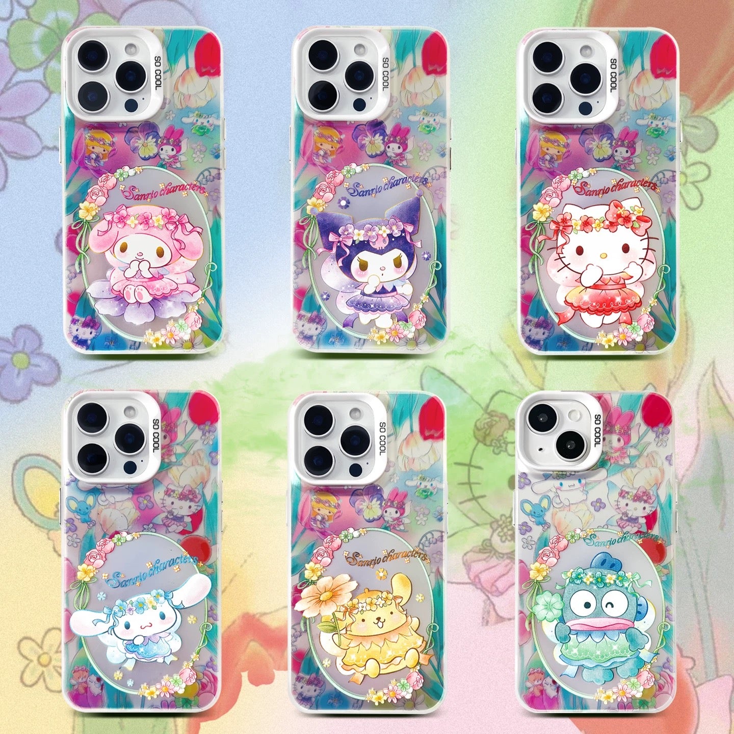 Japanese Cartoon Sanrio Spring Flower Fairy | Hello Kitty My Melody Kuromi Cinnamoroll Pompompurin Hangyodon Laser Silver - iPhone Case 11 12 13 14 15 16 16e Pro Promax