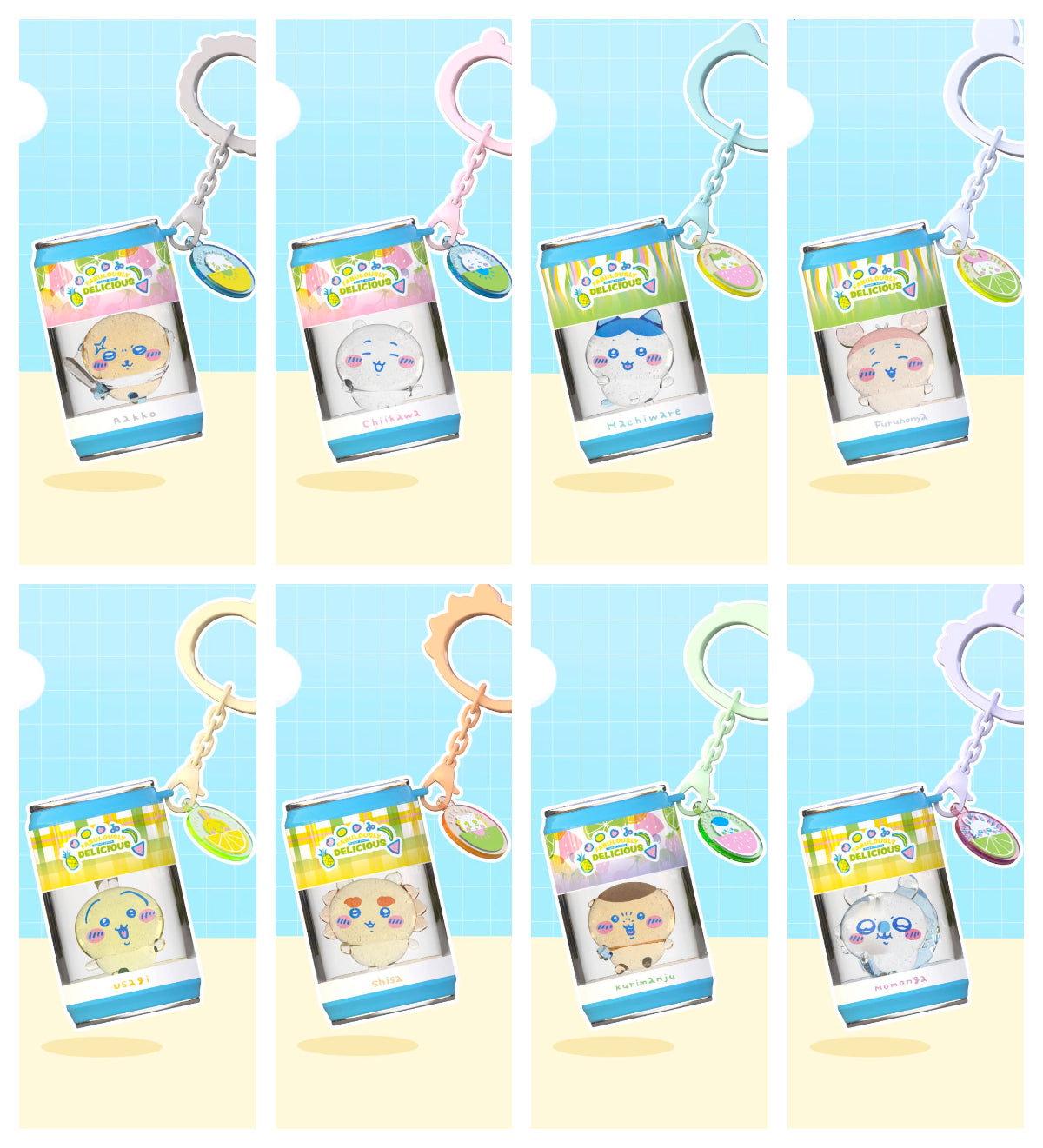 ChiiKawa X Miniso Fruit Market Series Fruit Market Soft Drink Can Keychain Blind Box | ChiiKawa Hachiware Usagi Momonga Kurimanju Rakko Shisa Crab Soft Drink Can Keychain Blind Box - Kawaii Items Room Decoration Mystery Box