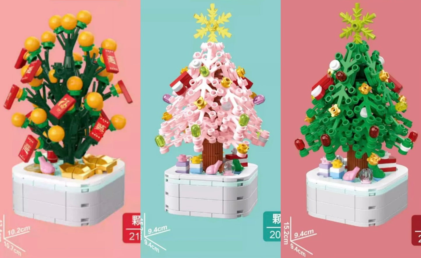 DIY handmade Mini Block Christmas Tree Chinese New Year | Green Pink Xmas Tree Tangerine -  Building Block Christmas Gift