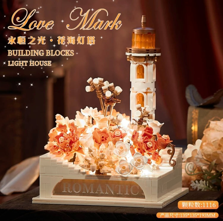 Mini Block Building Romantic LightHouse with Flower - with LED Lights DIY Valentine Handmade Gift