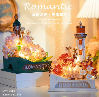 Mini Block Building Romantic LightHouse with Flower - with LED Lights DIY Valentine Handmade Gift