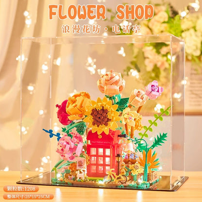 Mini Block Building Romantic Flower | Flower Telephone Booth - with LED Lights DIY Valentine Handmade Gift
