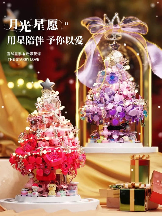Mini Block Building Block Flower Christmas Tree with Cover | Pink Purple - with LED Lights Valentine Gift DIY Handmade Xmas Gift