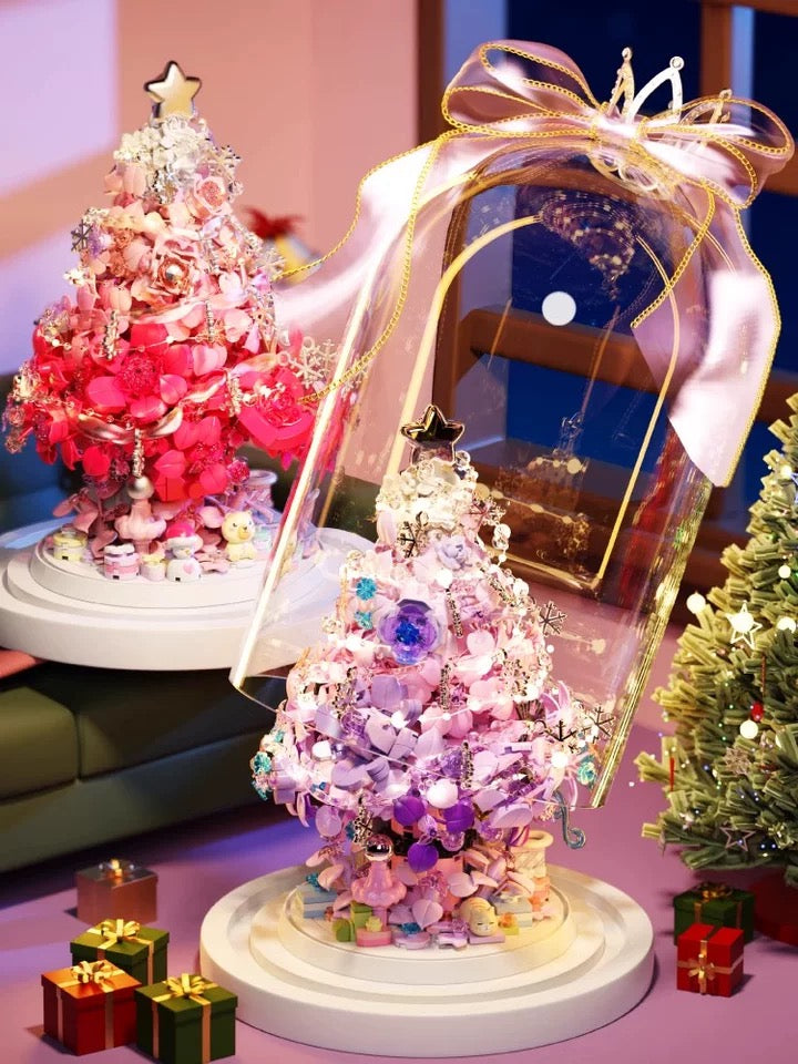 Mini Block Building Block Flower Christmas Tree with Cover | Pink Purple - with LED Lights Valentine Gift DIY Handmade Xmas Gift
