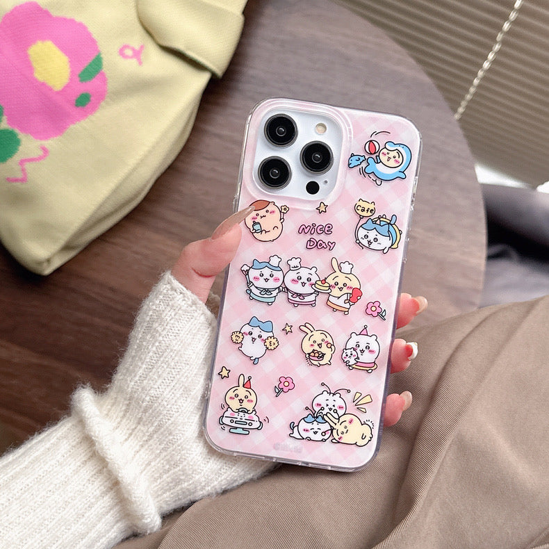 Japanese Cartoon ChiiKawa Nice Day with Pink Checked iPhone Case 11 12 13 14 15 Pro Promax
