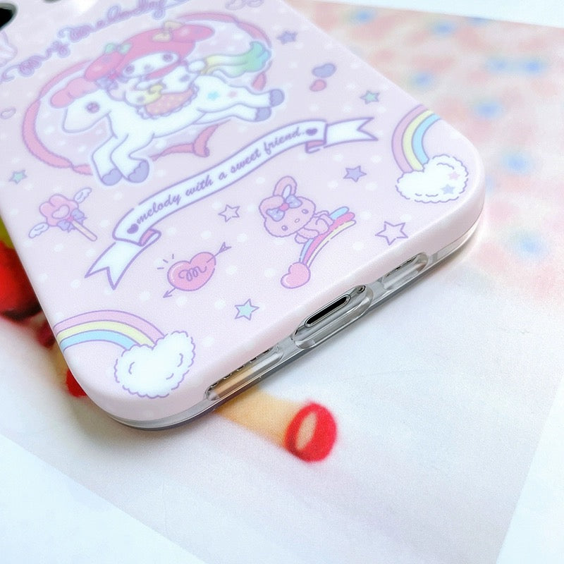 Japanese Cartoon My Melody with White Horse Pastel Matt iPhone Case 11 12 13 14 Pro Promax