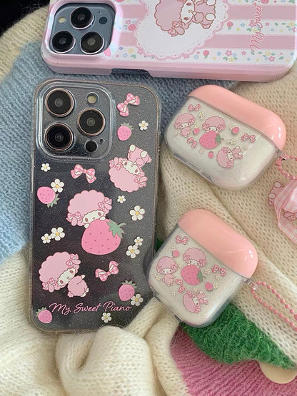 Japanese Cartoon Piano with Strawberry AirPods AirPodsPro AirPods3 AirPodsPro2 Case White and Pink