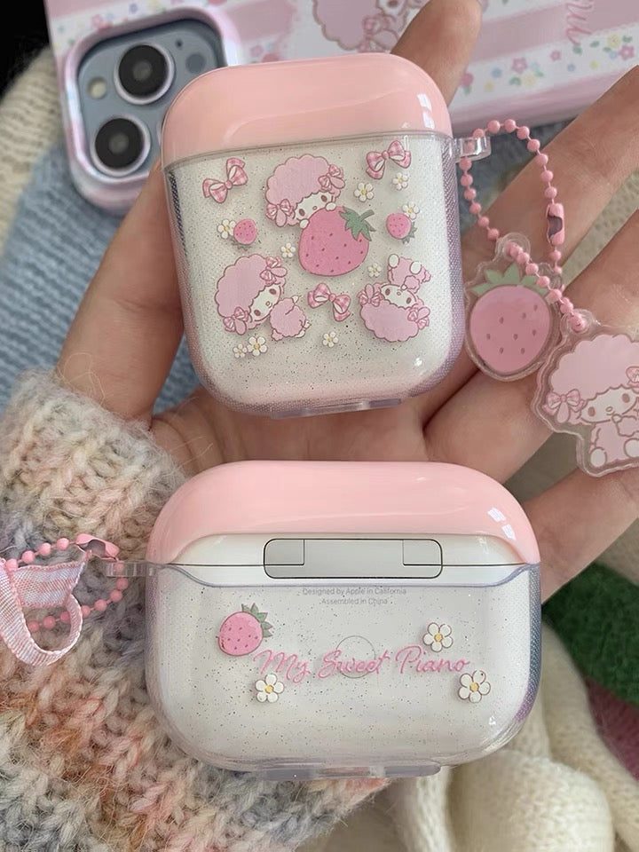 Japanese Cartoon Piano with Strawberry AirPods AirPodsPro AirPods3 AirPodsPro2 Case White and Pink