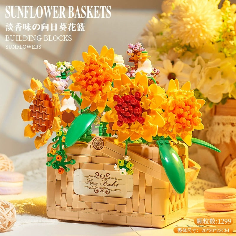 DIY handmade Mini Block Building Block Romantic Flower | SunFlower Rose Baskets - with Aromatherapy Tablets and LED Lights