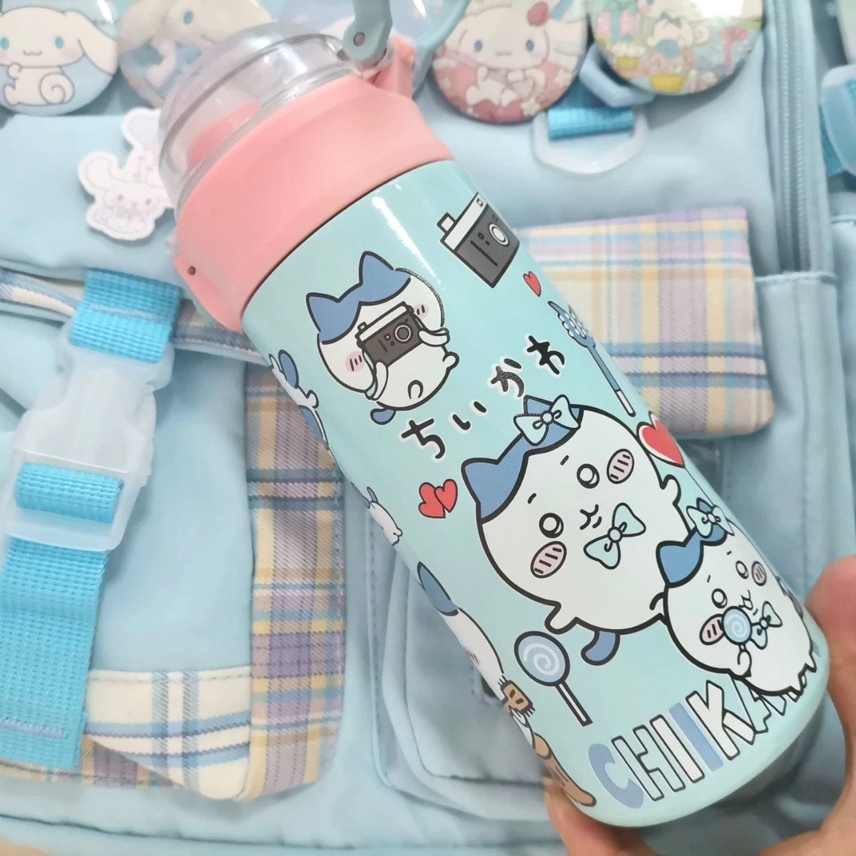 Japanese Cartoon ChiiKawa Tumbler | Anime Cosplay ChiiKawa Hachiware Usagi Shoulder Water Bottle with Straw and Strap - 316 Stainless Steel Lovely Cup