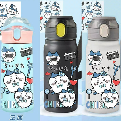 Japanese Cartoon ChiiKawa Tumbler | Hachiware Shoulder Water Bottle with Straw and Strap - 316 Stainless Steel Lovely Cup