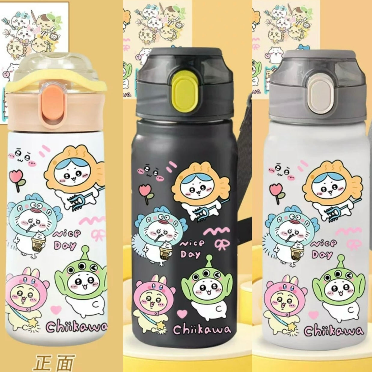 Japanese Cartoon ChiiKawa Tumbler | Anime Cosplay ChiiKawa Hachiware Usagi Shoulder Water Bottle with Straw and Strap - 316 Stainless Steel Lovely Cup