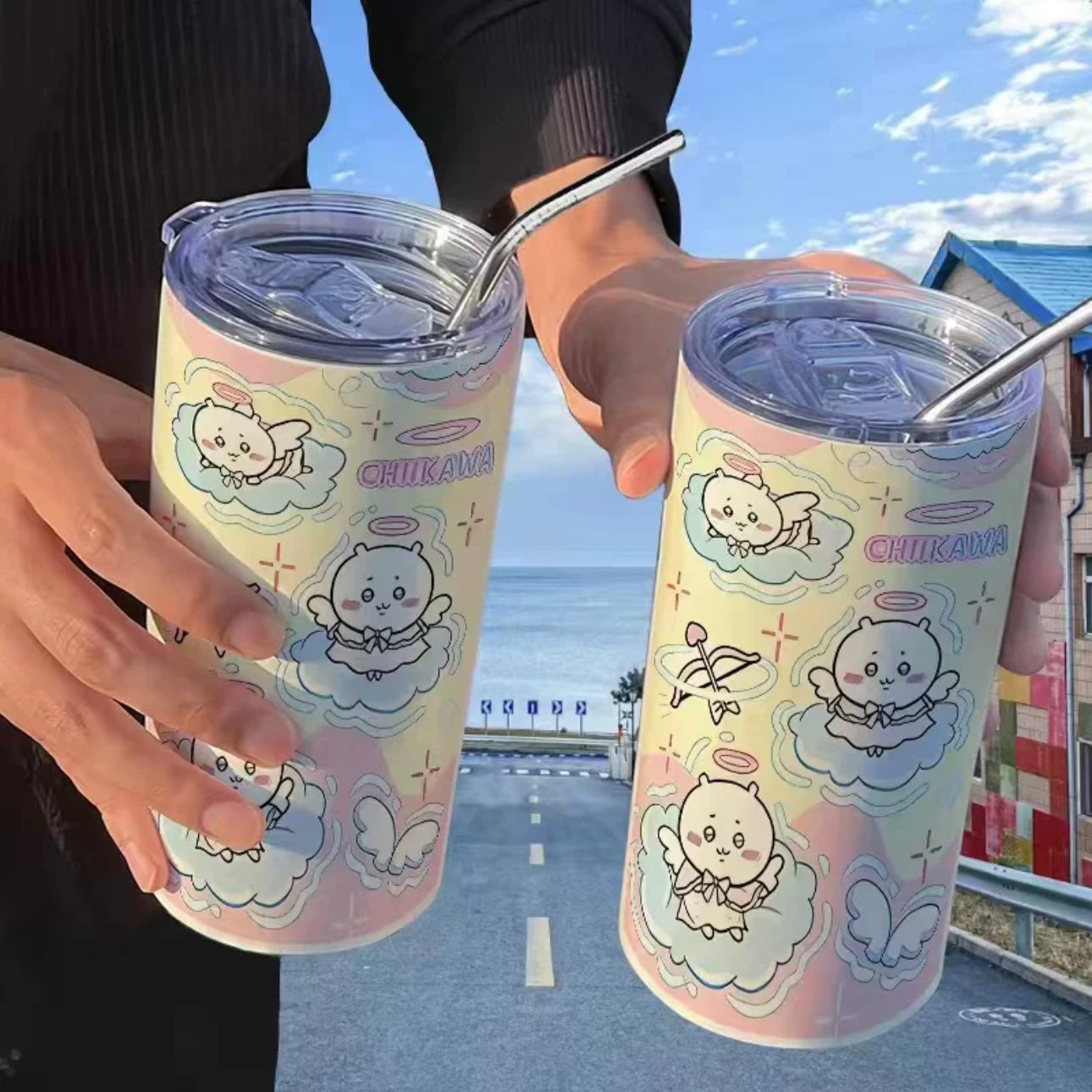 Japanese Cartoon ChiiKawa Tumbler with Straw | ChiiKawa Hachiware Usagi Angel Devil - Warm Cool Lovely Coffee Cup