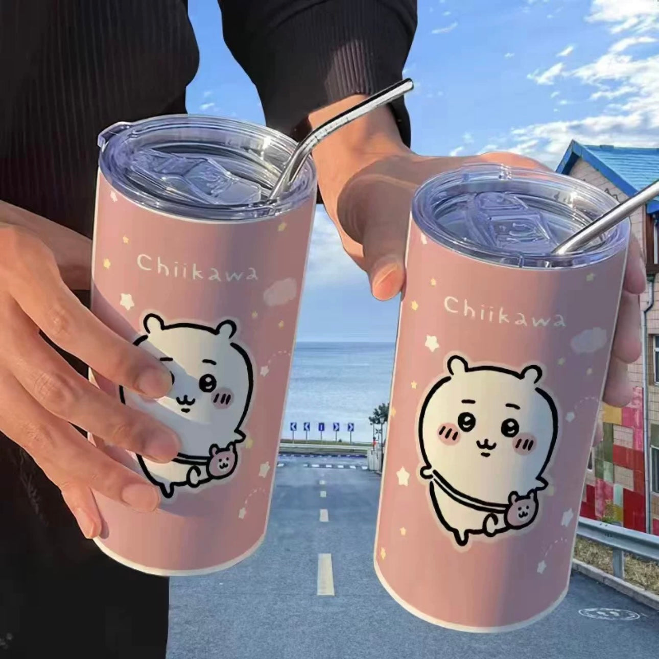 Japanese Cartoon ChiiKawa Tumbler with Straw | Big Face ChiiKawa Hachiware Momonga Rakko - Warm Cool Lovely Coffee Cup