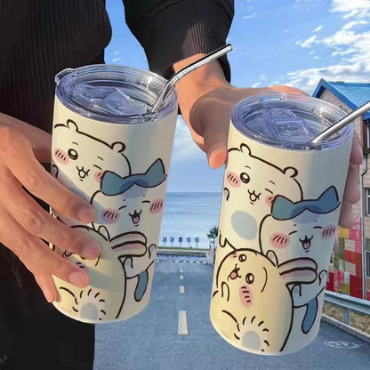 Japanese Cartoon ChiiKawa Tumbler with Straw | ChiiKawa Hachiware Usagi Fun - Warm Cool Lovely Coffee Cup