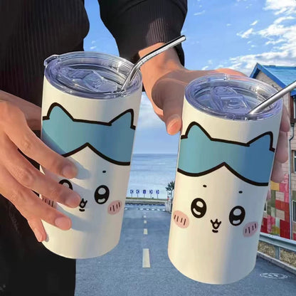 Japanese Cartoon ChiiKawa Tumbler with Straw | Big Face ChiiKawa Hachiware Momonga Rakko - Warm Cool Lovely Coffee Cup