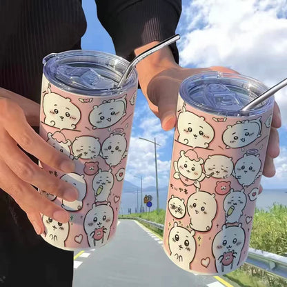 Japanese Cartoon ChiiKawa Tumbler with Straw | Full Sceen ChiiKawa Hachiware Momonga Rakko - Warm Cool Lovely Coffee Cup