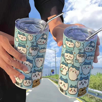 Japanese Cartoon ChiiKawa Tumbler with Straw | Full Sceen ChiiKawa Hachiware Momonga Rakko - Warm Cool Lovely Coffee Cup