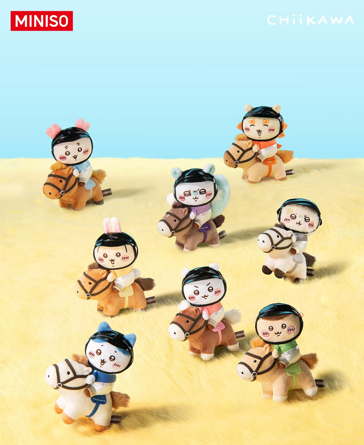 ChiiKawa X Miniso Horse Riding Series | ChiiKawa Hachiware Usagi Momonga Kurimanju Rakko Shisa Crab Cute Riding Horse Plush Doll Keychain - Kawaii Items Room Decoration Doll