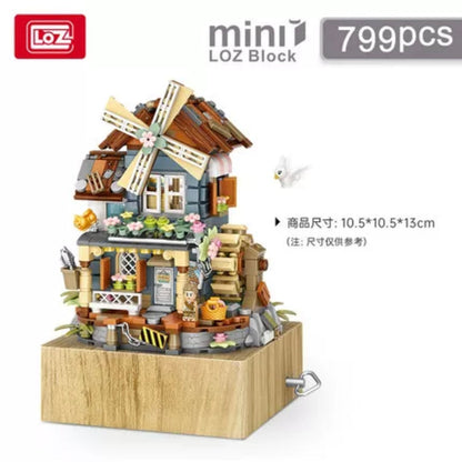 Loz Building Mini Block Country Style Music Box | Windmill House - DIY Handmade Children Birthday Gift