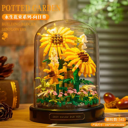 Mini Block Building Flower Diaries with Cover | Rose Daisy Cactus Sunflower Jasmine - with LED Lights Valentine Gift DIY Handmade Gift