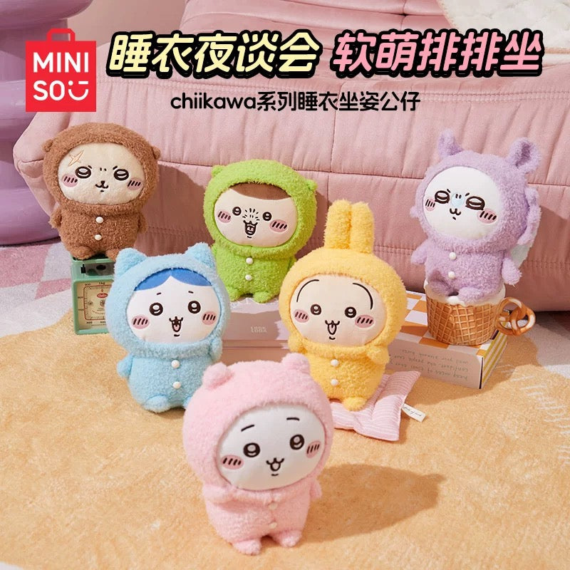 ChiiKawa X Miniso Pajama Party Series | ChiiKawa Hachiware Usagi Momonga Kurimanju Rakko Wearing Pajama Sitting Cute Plush Doll - Kawaii Items Room Decoration Doll