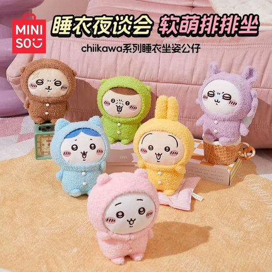 ChiiKawa X Miniso Pajama Party Series | ChiiKawa Hachiware Usagi Momonga Kurimanju Rakko Wearing Pajama Sitting Cute Plush Doll - Kawaii Items Room Decoration Doll