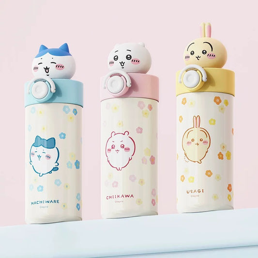 X&W X ChiiKawa | ChiiKawa Hachiware Usagi 450ml Thermal Flask with Straw and Spring Cap - 316 Stainless Steel Water Bottle