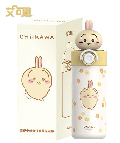 X&W X ChiiKawa | ChiiKawa Hachiware Usagi 450ml Thermal Flask with Straw and Spring Cap - 316 Stainless Steel Water Bottle