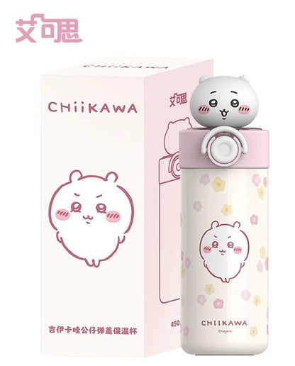 X&W X ChiiKawa | ChiiKawa Hachiware Usagi 450ml Thermal Flask with Straw and Spring Cap - 316 Stainless Steel Water Bottle