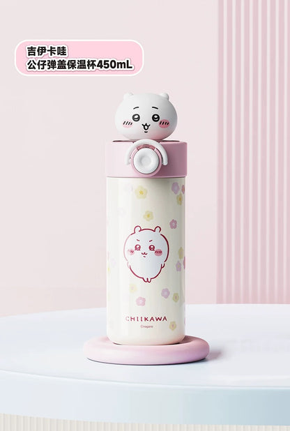 X&W X ChiiKawa | ChiiKawa Hachiware Usagi 450ml Thermal Flask with Straw and Spring Cap - 316 Stainless Steel Water Bottle