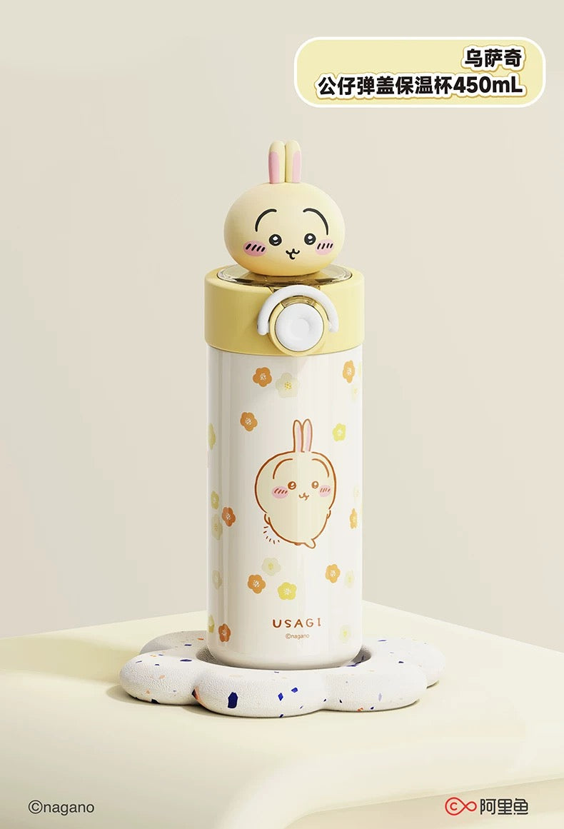 X&W X ChiiKawa | ChiiKawa Hachiware Usagi 450ml Thermal Flask with Straw and Spring Cap - 316 Stainless Steel Water Bottle
