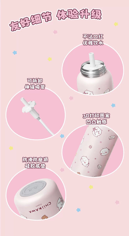 X&W X ChiiKawa | ChiiKawa Hachiware Usagi 550ml Thermal Flask with Straw - 316 Stainless Steel Water Bottle