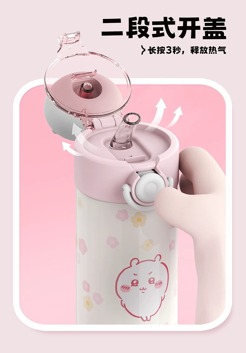 X&W X ChiiKawa | ChiiKawa Hachiware Usagi 450ml Thermal Flask with Straw and Spring Cap - 316 Stainless Steel Water Bottle