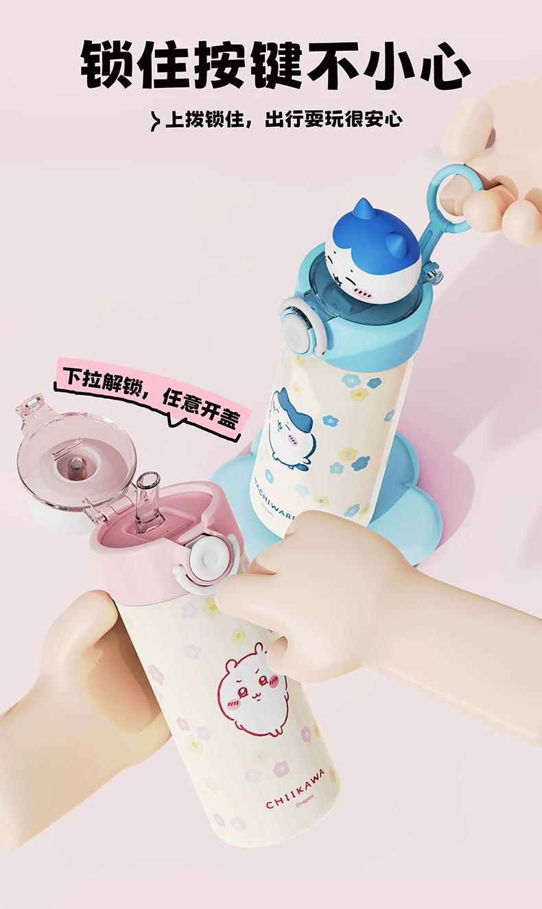 X&W X ChiiKawa | ChiiKawa Hachiware Usagi 450ml Thermal Flask with Straw and Spring Cap - 316 Stainless Steel Water Bottle