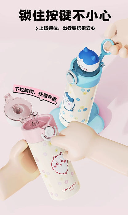 X&W X ChiiKawa | ChiiKawa Hachiware Usagi 450ml Thermal Flask with Straw and Spring Cap - 316 Stainless Steel Water Bottle