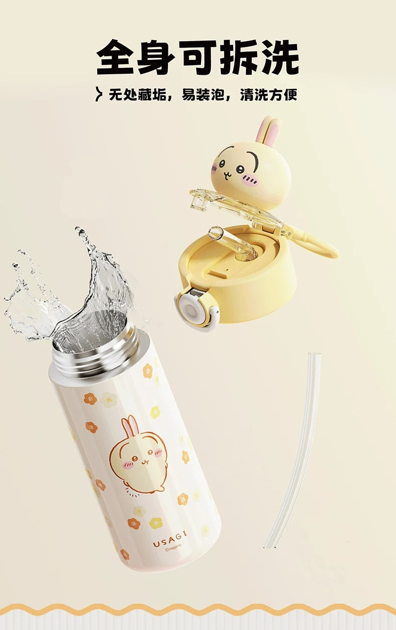 X&W X ChiiKawa | ChiiKawa Hachiware Usagi 450ml Thermal Flask with Straw and Spring Cap - 316 Stainless Steel Water Bottle