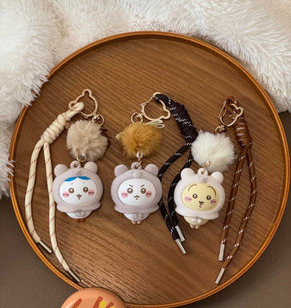 [Pre-order] ChiiKawa X Miniso Fluffy Bear Series | ChiiKawa Hachiware Usagi Wearing Fluffy Bear Cloak Plastic Doll with Wool Ball Keychain - Kawaii Items Room Decoration