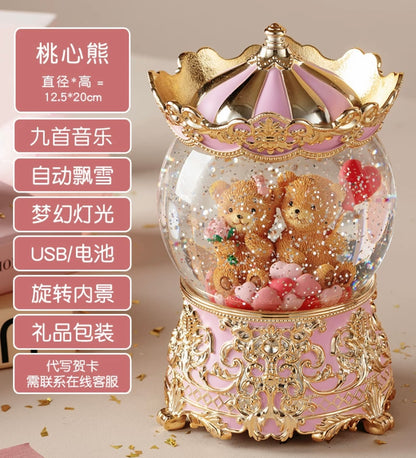 Valentine’s Day Crystal Ball Music Box | Ballet Teddy Bear Merry Go Round Carousel - with LED Night Light with Bluetooth Gift