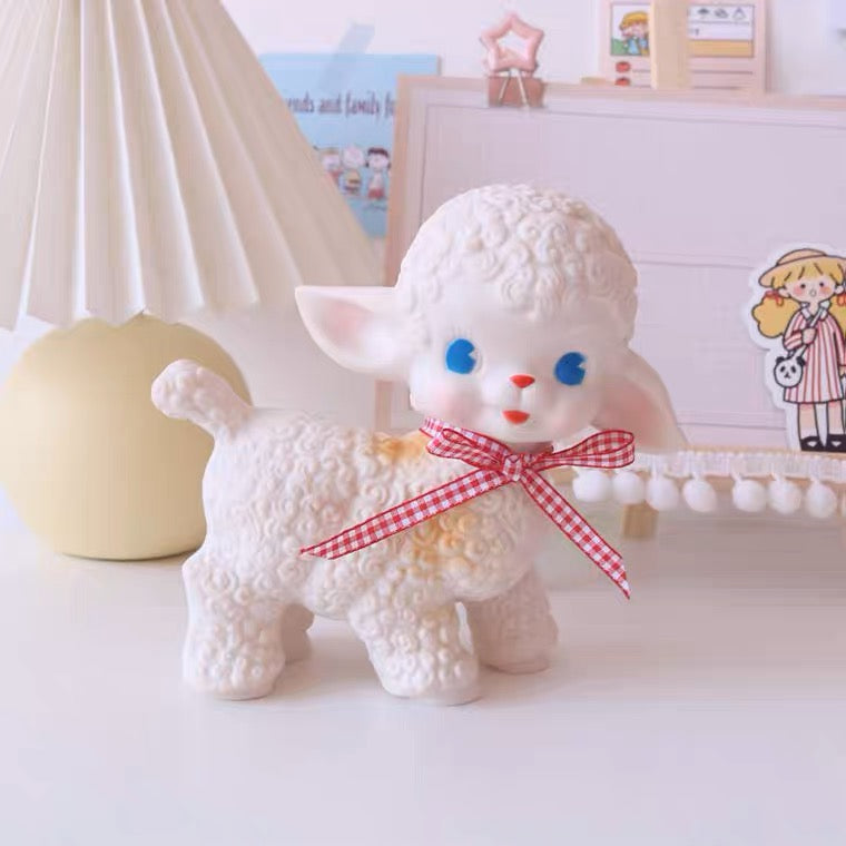 Reproduction Vintage Cute Kitsch White Lamb Plastic Ornament toy 1950s Style 50s Rubber Lamp with Ribbon Kawaii Lovely Figure