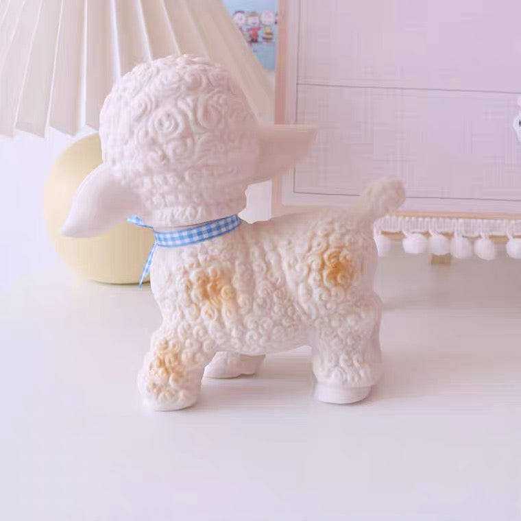 Reproduction Vintage Cute Kitsch White Lamb Plastic Ornament toy 1950s Style 50s Rubber Lamp with Ribbon Kawaii Lovely Figure